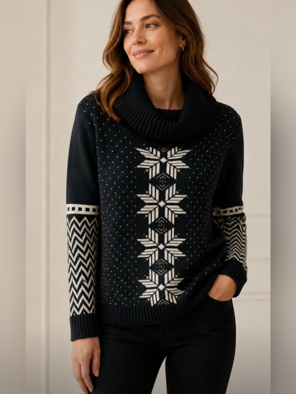Talbots Petites Fair Isle Snowflake Lambswool Blend Turtleneck Sweater